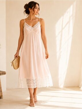 Vintage Nylon Lace Trim Midi Slip Dress Floral Embroidery Romantic Sz 5